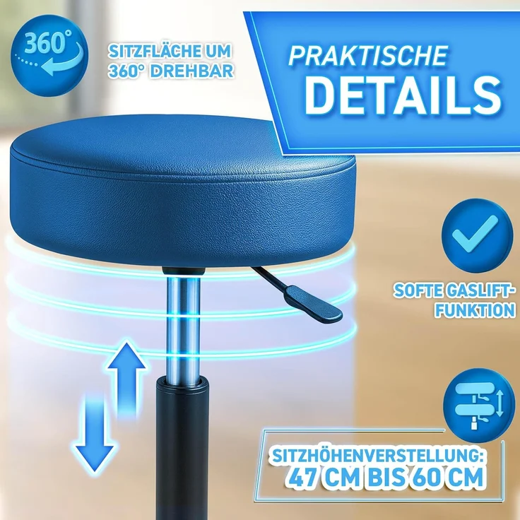 TRESKO® Rollhocker mit Lehne 150 kg Blau | Arbeitshocker höhenverstellbar 46-58 cm | Drehhocker mit Rollen | Bürostuhl Hocker Drehstuhl Kosmetikhocker – Bild 4