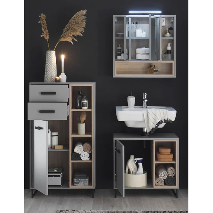 Badezimmer-Set >Tunis< (3-tlg. ) in Grau matt / Abs. Sonoma Eiche Dekor – Bild 2