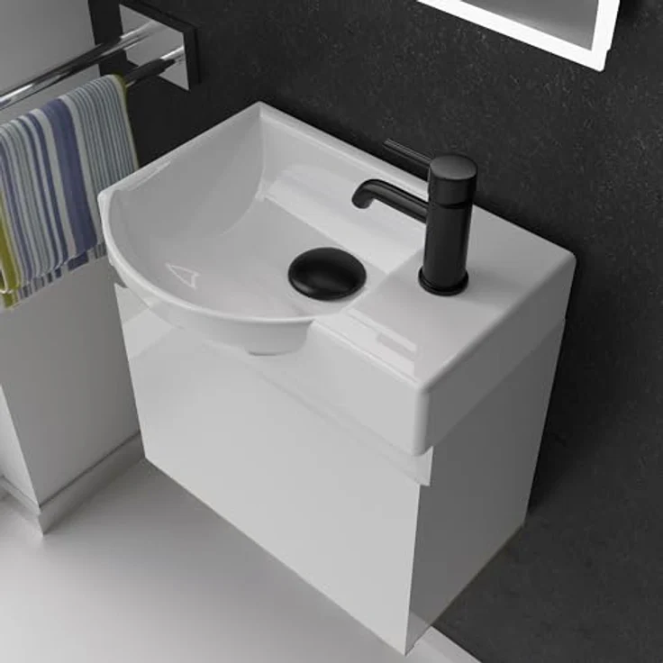 Alpenberger Badmöbel-Set - Gäste WC Waschbecken mit Unterschrank 45 cm Breit, (Badschrank 2-tlg, Waschtisch hängend), Waschbeckenunterschrank mit Softclose - Weiss - Links Becken – Bild 4