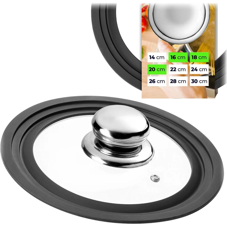 KADAX Universaldeckel 16/18/20 cm, Universal Deckel für Töpfe & Pfannen, Pfannendeckel, Glasdeckel mit Silikonrand und Dampfloch, Topfdeckel (Edelstahl) – Bild 1