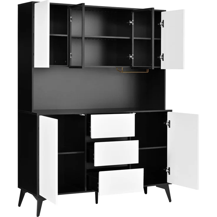 Hochschrank, Vitrine, Anrichte, Sideboard, Esszimmerschrank, Wohnzimmerschrank, Schwarz-Weiß Optik, Küchenschrank, Vitrine mit Glasfront,3 Schubladen, goldener Gläserhalter, per App farbverstellbare L--Schwarz, Weiß--120x40x160cm--YOUDENOVA – Bild 9