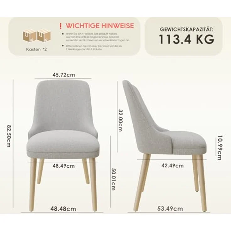 COLAMY Esszimmerstühle 4er Set, Gepolsterter Stuhl mit Holzbeinen, Hohe Rückenlehne für Esszimmer/Restaurant/Café, Hellgrau – Bild 3