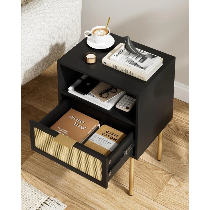 Nachttisch Rattan Schwarz Beistelltisch Schublade Möbel Gold Rahmen – Bild 3