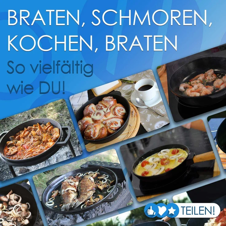 Ø26cm Grillpfanne aus Gusseisen Bräter mit Glasdeckel Schmortopf zwei Griffe Servierpfanne Grill – Bild 8
