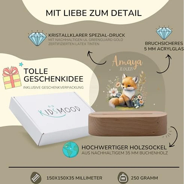 Kidsmood Nachtlampe mit Wunschnamen, Individuelle Nachttischlampe Kinder, Niedliches Nachtlicht für Babys, Personalisierte Geschenke für Babys, Geschenk zur Geburt – Bild 6