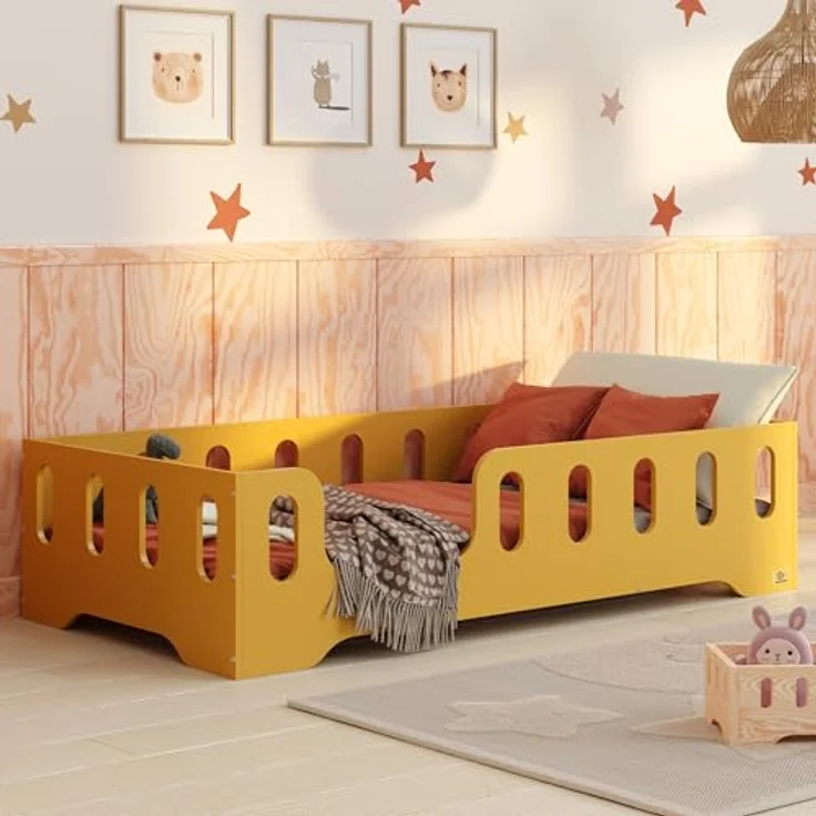 smartwood Kinderbett Bodenbett 90x190 mit Rausfallschutz & Lattenrost - Senfgelb - Kinder Montessori Bett TILA 2L mit glatten Kanten - Betten für schnelle Montage - Bis 230 kg belastbar – Bild 2