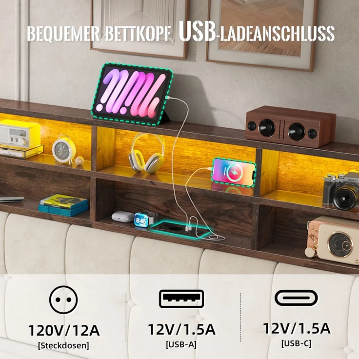 TavilaEcon Polsterbett mit Bettkasten und USB-C-Anschluss beige Liegefläche 180 × 200 cm – Bild 7