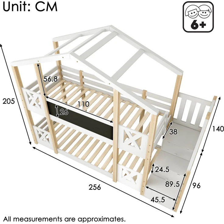 Etagenbett 90 x 200 cm,Kinderbett Baumhaus mit Treppe Stauraum und Rausfallschutz, Hochbett für Kinder– 2x Lattenrost- Natur & Weiß – Bild 2