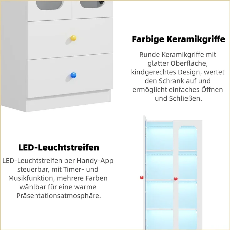 ZUBALIYA Glasvitrine, Aktenschrank, Sammelfiguren-Vitrine, 4 Ebenen Spielzeugschrank mit 2 Schubladen, RGB-LED-Beleuchtung per App steuerbar, Kindermöbel, bunte kugelförmige Keramikgriffe, weiß, 60x35x170 cm – Bild 17