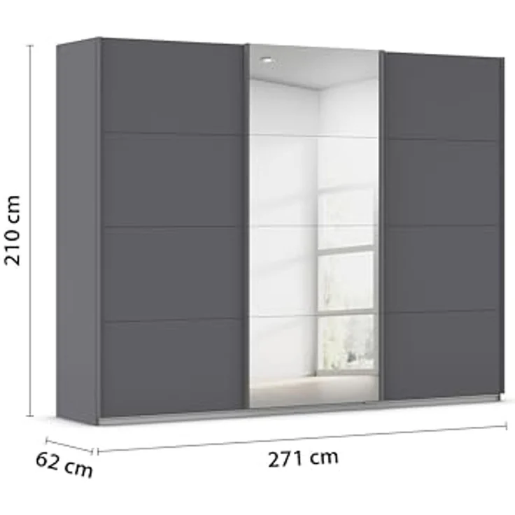 Rauch Möbel Kulmbach, Kleiderschrank mit Schwebetüren für Schlafzimmer, Kinderzimmer, Jugendzimmer, Garderobe, Flur, 3-türig, mit Spiegel, Zubehör Basic, Farbe Grau metallic, Schwarz, Breite 271 cm – Bild 3