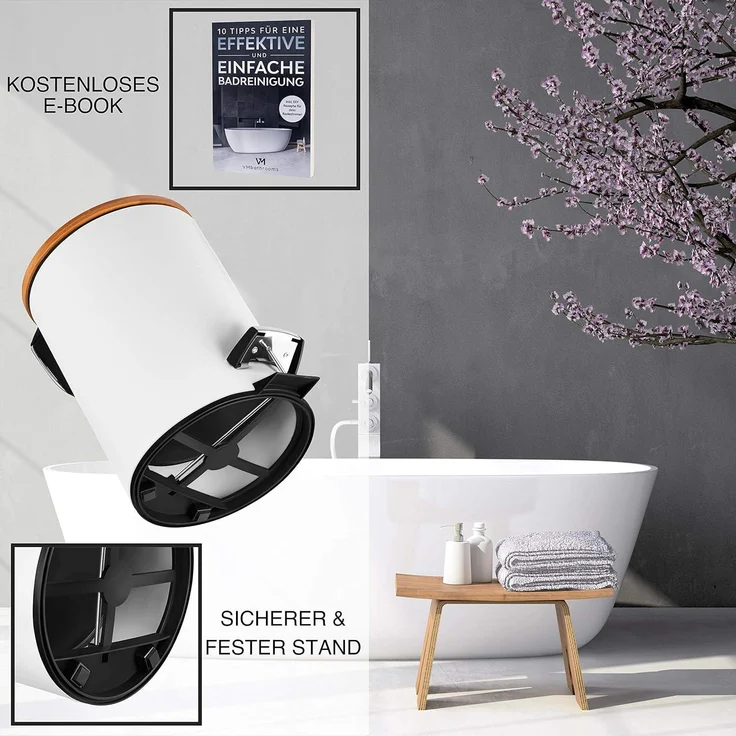 VMbathrooms 3L Kosmetikeimer in edlem weißem Design | Tretmülleimer mit Absenkautomatik (Soft Close) | Eleganter Eimer fürs Bad mit Innenbehälter und Bambus-Holzdeckel – Bild 6