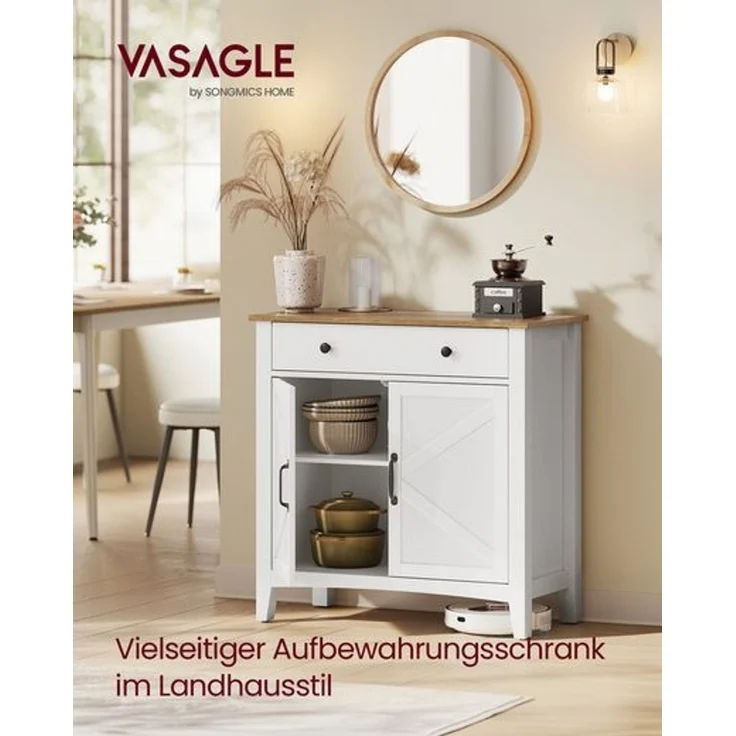 VASAGLE Küchenschrank, Sideboard mit Schubladen, Aufbewahrungsschrank mit Türen, verstellbare Ablage, Landhausstil, für Wohnzimmer Küche, 40 x 80 x 80 cm, wolkenweiß-honigbraun BBKDE341W02 – Bild 2
