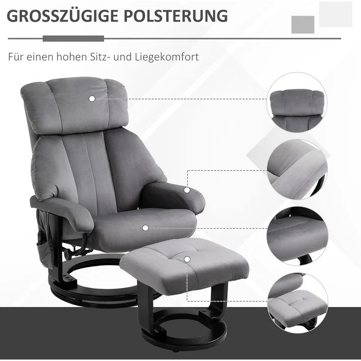 HOMCOM Massagesessel Fernsehsessel, Hocker, aus Kunstleder, Kann sitzen, um 360° drehen (Relaxliege, 2-St, Massagestuhl), für Wohnbereich, Grau – Bild 5