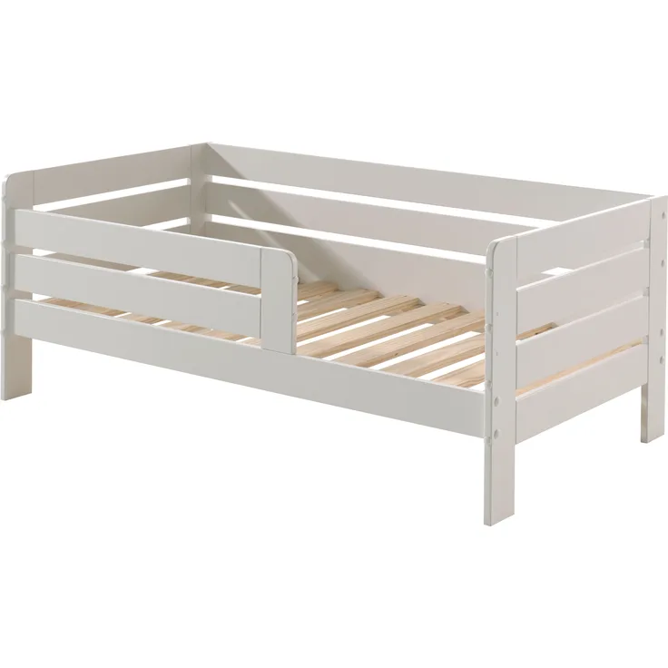 Juniorbett mit Liegefläche 70x140 cm, Umrandung mit waagerechten Paneelen, Ausf. MDF weiß lackiert