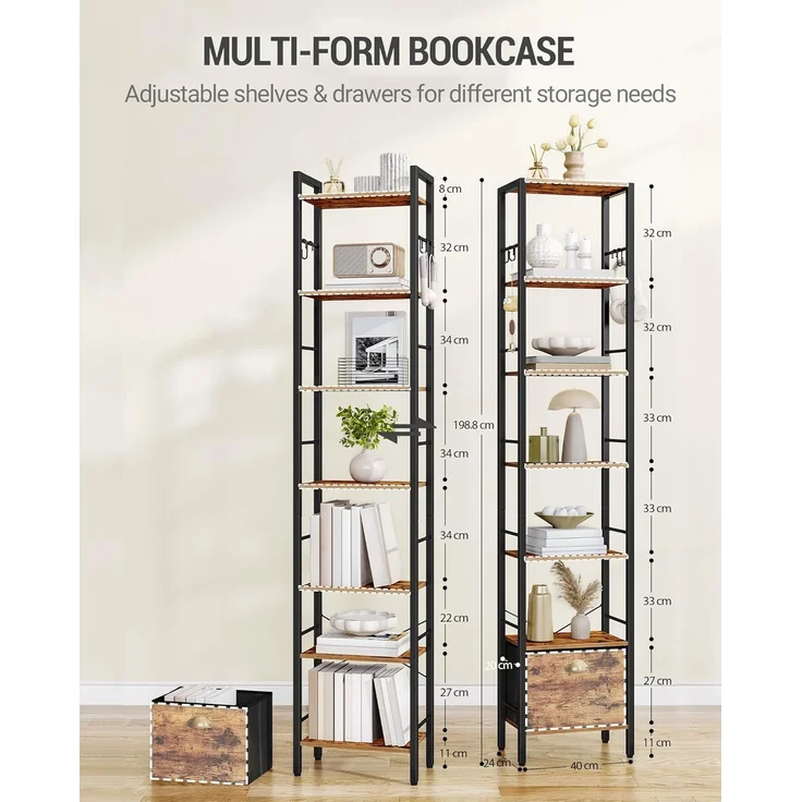 Bücherregal, 7 vertikale Regale mit 1 Zusammenklappbare Stoffschubladenund 4 Haken, offene Regale, Metallrahmen, geeignet für Arbeitszimmer, Wohnzimmer Vintagebraun-Schwarz – Bild 7