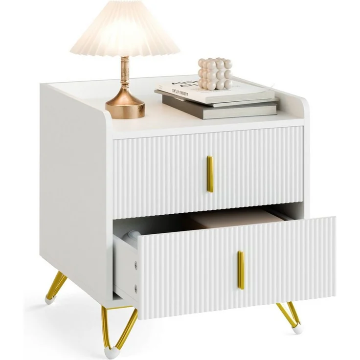 Mondeer Nachttisch Nachtkommode (1-St, 50 x 40 x 50 cm), mit 2 Schubladen, Kleiner Bettkasten in Weiß & Gold – Bild 2