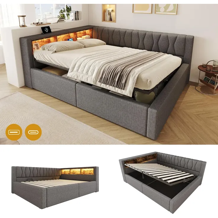 Schlafsofa mit LED-Streifen, Lattenrost, Regal, Rückenlehne, Aufbewahrung, Type-C und USB, 140x200 cm, Polsterbett, Stauraumbett, Tagesbett, Leinen – Bild 5