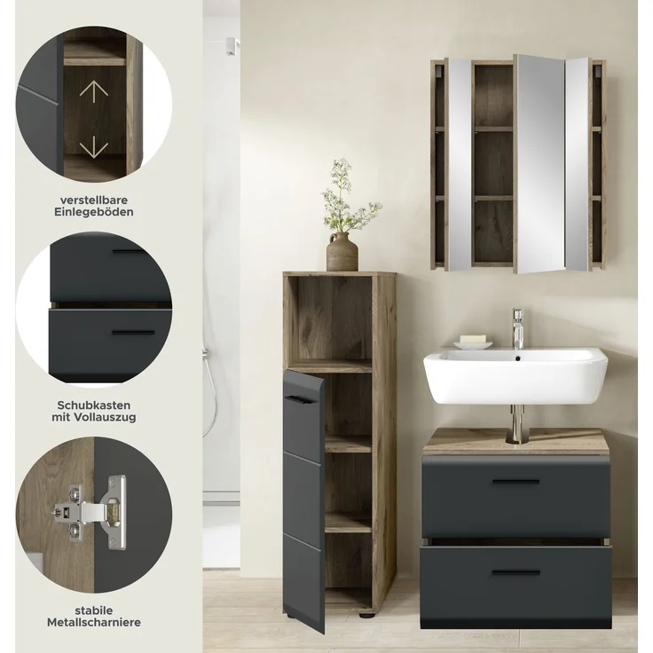 Badkombination (B/H/T: 105x185x30 cm) in schwarz matt und Nox Oak Nachbildung – Bild 7