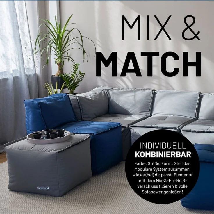 Lumaland Sitzsack-Sofa, Polyester, Pouf, Grau, 40 x 54 x 54 cm – Bild 3