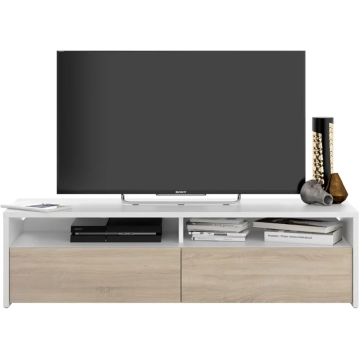 Wohnzimmer-TV-Ständer mit zwei Türen mit Vasistas-Öffnung und zwei kleinen Fächern, weiße Farbe mit eichenfarbenen Türen, Maße 130 x 36 x 40 cm – Bild 6