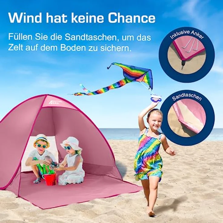 Active Era Pop Up Strandmuschel mit UV Schutz, UPF 50+ Strandzelt, Windschutz Strand, Zelt für 2-3 Personen inkl. Tragetasche und Heringe - Pink – Bild 4