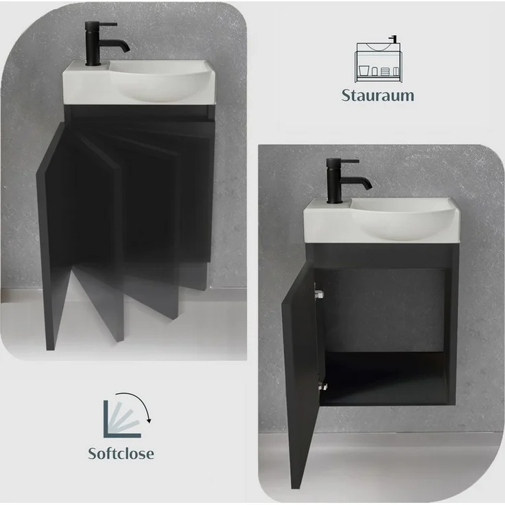 Alpenberger Badmöbel-Set Gäste WC Waschbecken mit Unterschrank - Hängeschrank Vormontiert, (Badschrank 2-tlg, Waschtisch hängend), Waschbeckenunterschrank mit Softclose - Schrank Schwarz – Bild 3