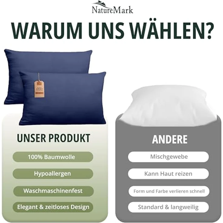 NatureMark 2er Pack Jersey Kissenbezug Kissenhülle Kissenbezüge Seitenschläferkissen Nackenkissen viele Größen und Farben ÖKO-TEX (40x60 cm (Nackenkissen geeignet), Navy blau) – Bild 8