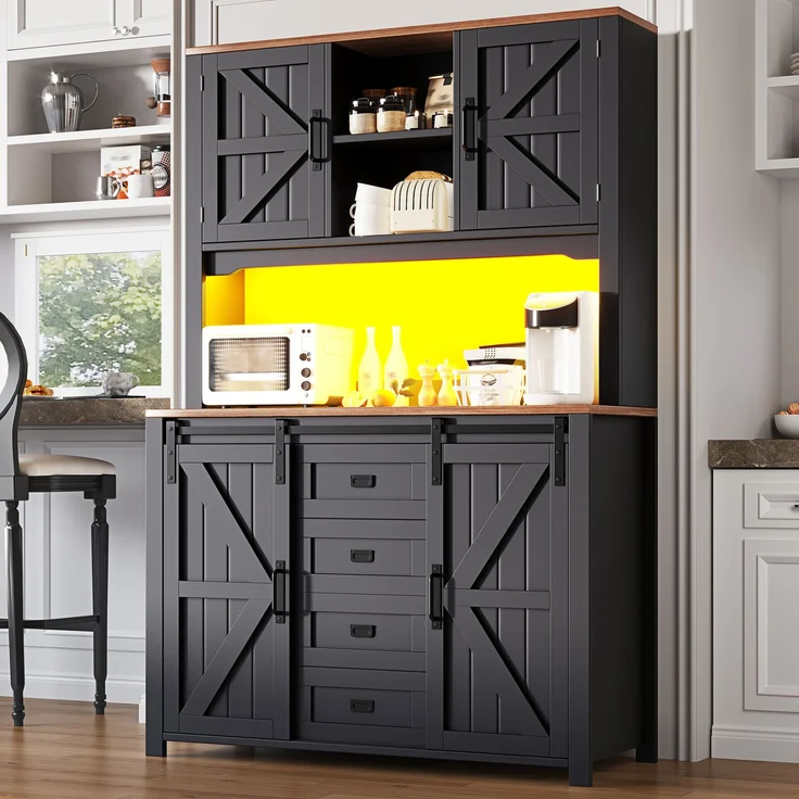 EINHOM Küchenschränke (115 x 40 x 174, 7 cm), Hohe Küchen sideboards, Sideboards, Küchenschränke mit Schiebetüren und LED-Beleuchtung, Schwarz/weiß – Bild 3