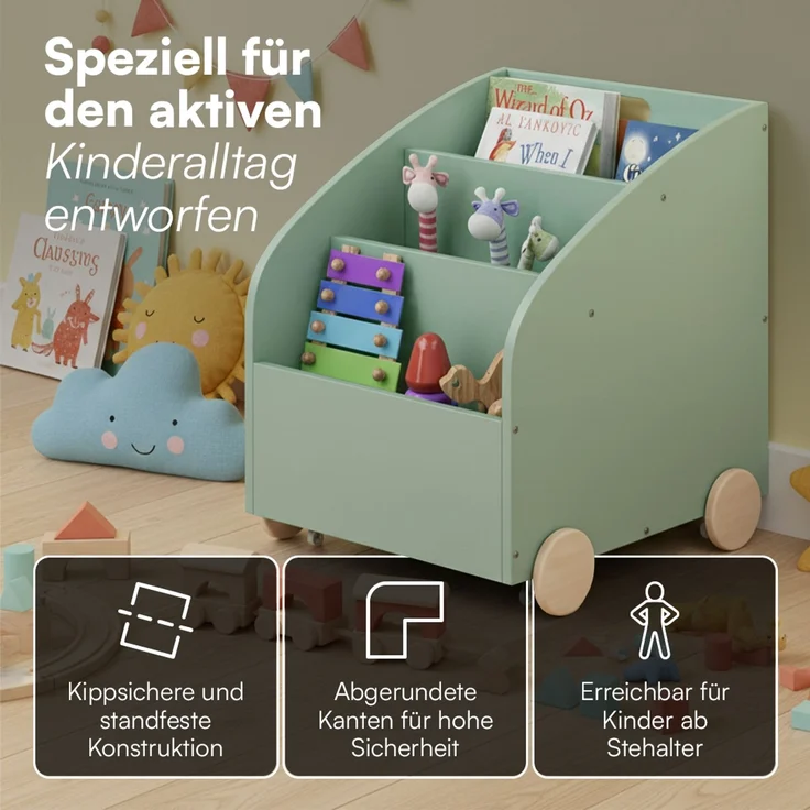 Bellabino 'Towy' Kinderbücherregal, grün, 43x40x43 cm, Holz, Spielzeugregal mit 3 Ablagefächern und Geheimfach – Bild 4