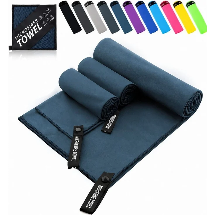 Forrlite Sporthandtuch Mikrofaser Handtuch 3er Set, schnelltrocknend, für Sport & Reise, (40 × 40 cm, 40 × 80 cm & 76 × 152 cm, Microfaser Sporthandtuch, Badetuch, Fitness Handtücher & Strandtuch, Dunkelblau) – Bild 1