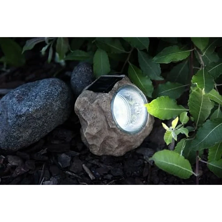 Solar-Stein ,Rocky', Steinleuchte mit LED Spot, Dämmerungssensor, Kunststein, beige, kaltweiß, B 14cm – Bild 6