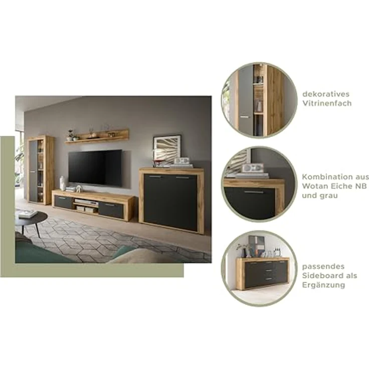 Xonox Vitrine, Grau, Holzwerkstoff, 60x159x35 cm, inklusive 3 Schubkästen und 4 Einlegeböden, FSC®-zertifiziert – Bild 8