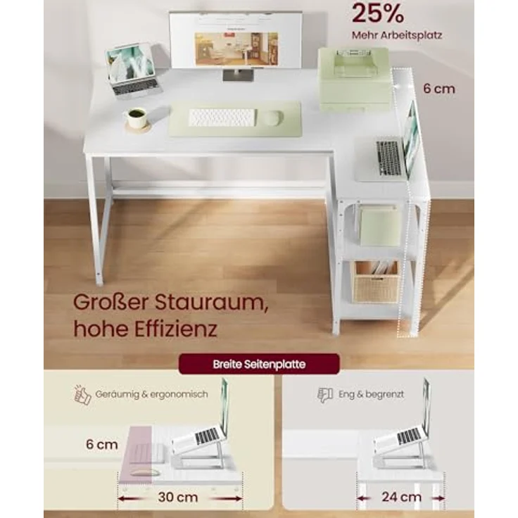 VASAGLE Eckschreibtisch in L-Form, Computertisch mit Stauraum, Bürotisch, höhenverstellbare Ablage, für Homeoffice, 120x80 cm, ahornweiß LWD136WF01 – Bild 5