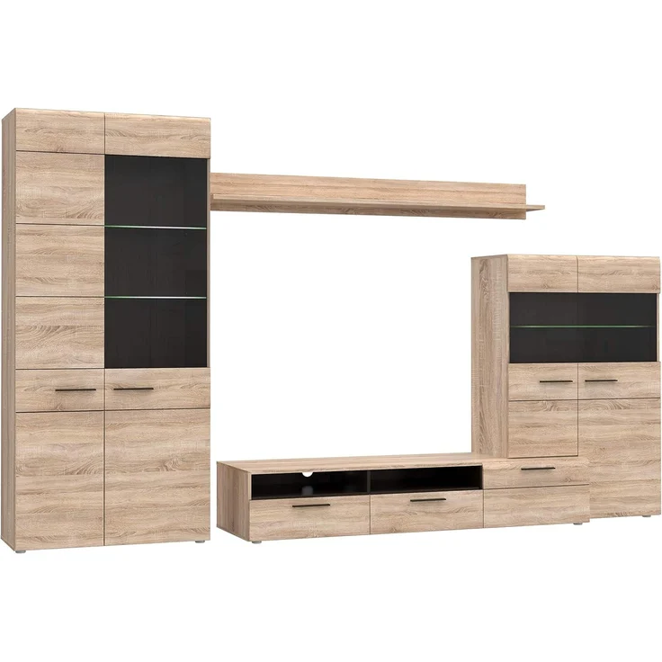 FORTE Combino Wohnwand mit 2 Türen, 3 Glastüren und 2 Schubladen, Holzwerkstoff, Sonoma Eiche/ Denver Eiche / Wenge, 197 x 330 x 52 cm – Bild 2