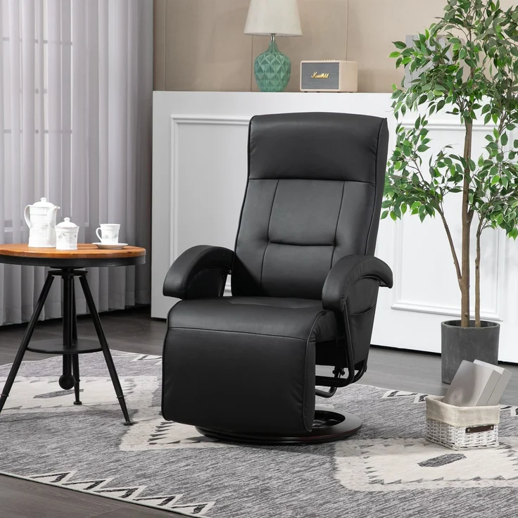 Wohnora-Drehbarer Polsterstuhl, Kunstleder, Fußstütze, Holzbasis, neigbar, Schwarz,H 1070cm x T 860cm x B 660cm – Bild 3