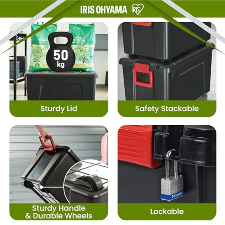 Iris Ohyama, Große Kunststoff-Aufbewahrungsbox, 75L, Garagen-box, Schwarz, Stapelbar, Robuste Schnappverschlüsse mit Griffen, SIA-75 – Bild 5
