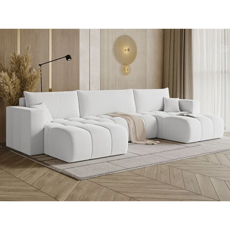 GRAINGOLD Ecksofa U-Form Neva U, Ecksofa mit Schlaffunktion, Bettkasten, mit losen Kissen, Bouclé-Stoff, Weiß – Bild 3