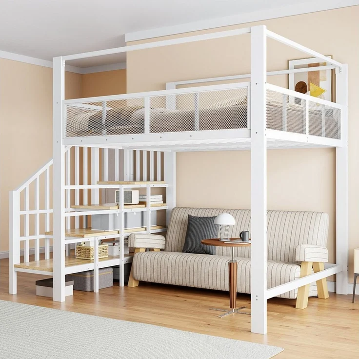 Celya Hochbett Metall Einzel-Hochbett mit Sicherheitsgitter im Netzdesign (ohne Matratze, mit Stauraumstufen fürs Schlafzimmer) – Bild 4