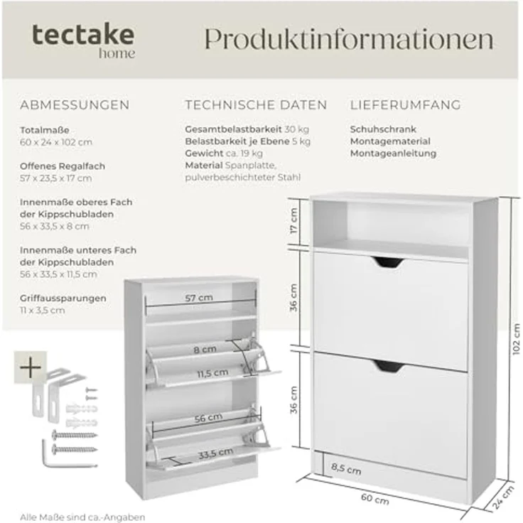 tectake Schuhschrank Schuhregal Calea mit 2 Kippfächern für 12 Paar Schuhe (Komplettset, 1-St, inkl. Schlüssel) für 12 Paar Schuhe – Bild 3