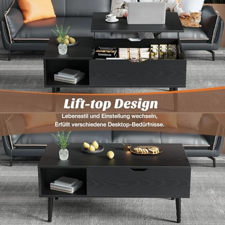 Sweetcrispy Couchtisch Höhenverstellbar, Tisch Wohnzimmertisch, offener und versteckter Stauraum Couchtisch, Sofatisch Beistelltisch, 100x50 cm Sofatisch aus Holz für Wohnzimmer, Schwarz – Bild 6