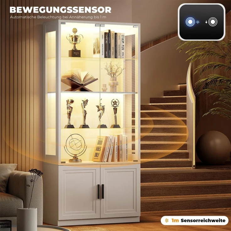 Glasvitrine 76x35x170 cm, 4-stöckige Vitrine mit Glastüren und verstellbaren Glasböden, LED-Beleuchtung und Sensor, Weiß – Bild 2