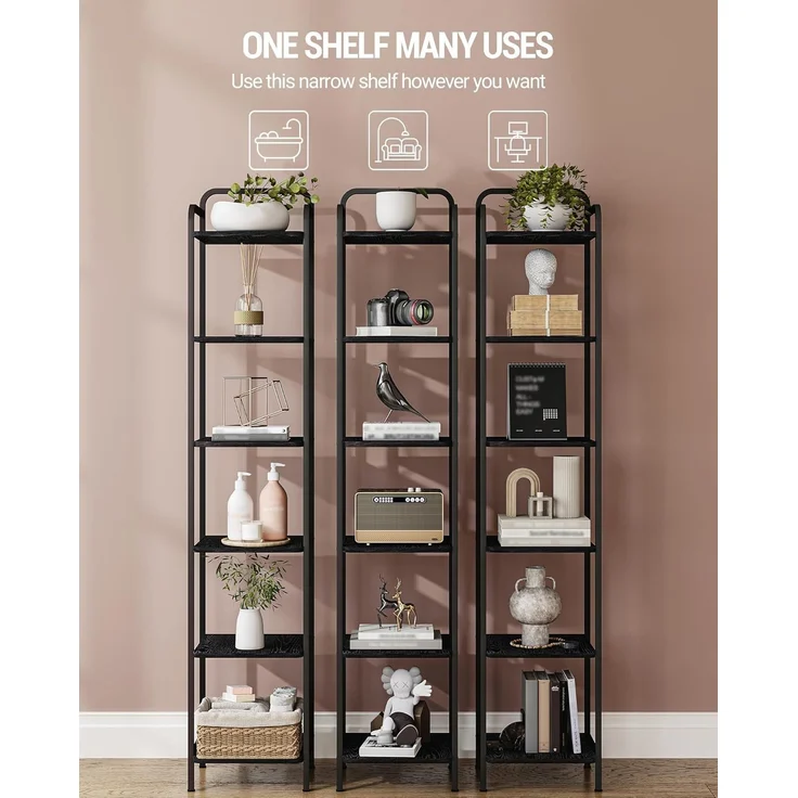 Bücherregal, Regal, Standregal, Schmales Bücherregal, Industrielles Eckregal, Schlankes Regal für Heimbüro, Wohnzimmer, Schlafzimmer, Küche, 6 Ebenen Schwarz – Bild 7