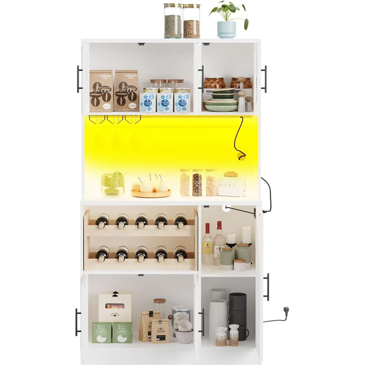 ZUBALIYA Buffetschrank 100 x 40 x 180 cm – Riffelglasfronten, RGB-LED mit Fernbedienung, 2 Steckdosen und USB, Weinregal für 10 Flaschen, MDF, Weiß – Bild 9