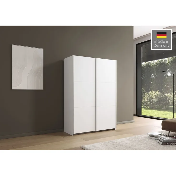 rauch Kleiderschrank Sejo, Schwebetürenschrank, Schiebetürenschrank, 2-türig, mit 2 Kleiderstangen und 2 Einlegeböden, Farbe Weiß, Griffleiste Alu, klein, platzsparend, 131x191x59cm