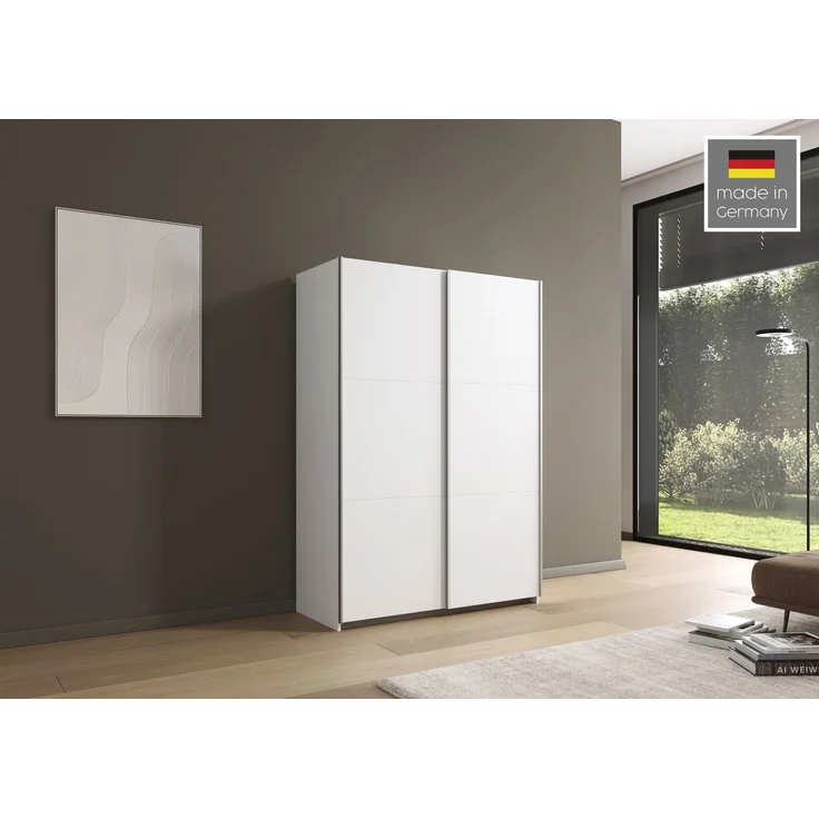 rauch Kleiderschrank Sejo, Schwebetürenschrank, Schiebetürenschrank, 2-türig, mit 2 Kleiderstangen und 2 Einlegeböden, Farbe Weiß, Griffleiste Alu, klein, platzsparend, 131x191x59cm – Bild 1