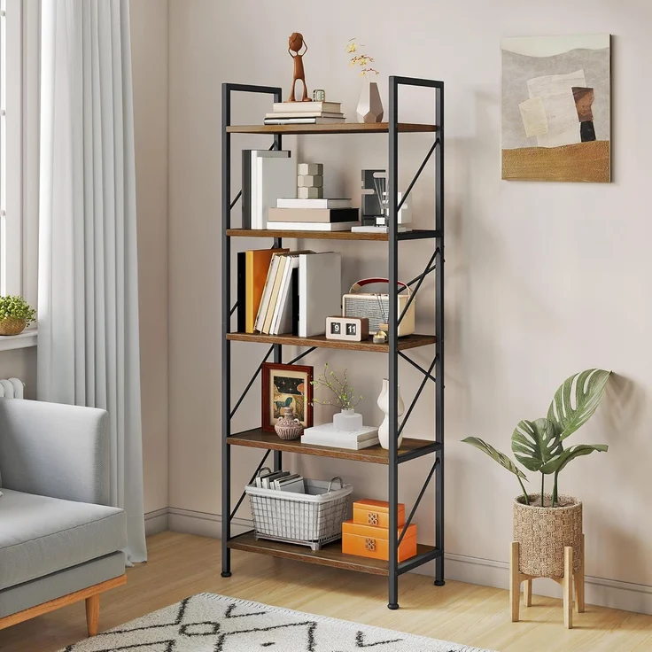 YITAHOME Bücherregal, Standregal mit 5 Ebenen, Hohes Lagerregal mit Metallrahmen, Industrielles Ausstellungsregal, Regaleinheiten, für Wohnzimmer, Schlafzimmer, Homeoffice, Küche, Vintagebraun Regal – Bild 1