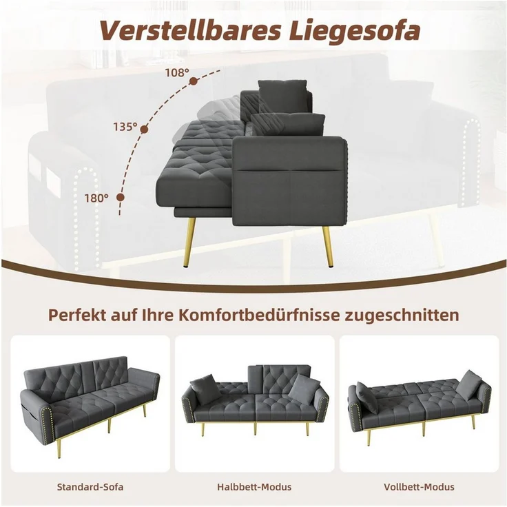 Merax Schlafsofa mit 3 verstellbaren Neigungswinkeln & ausklappbarer Liegefunktion, 2 sitzer Klappsofa Polstersofa mit bettfunktion 1 Teile, Sofa klappbar mit Getränkehalter, Zierkissen & Seitentasche, Samtbezug – Bild 2