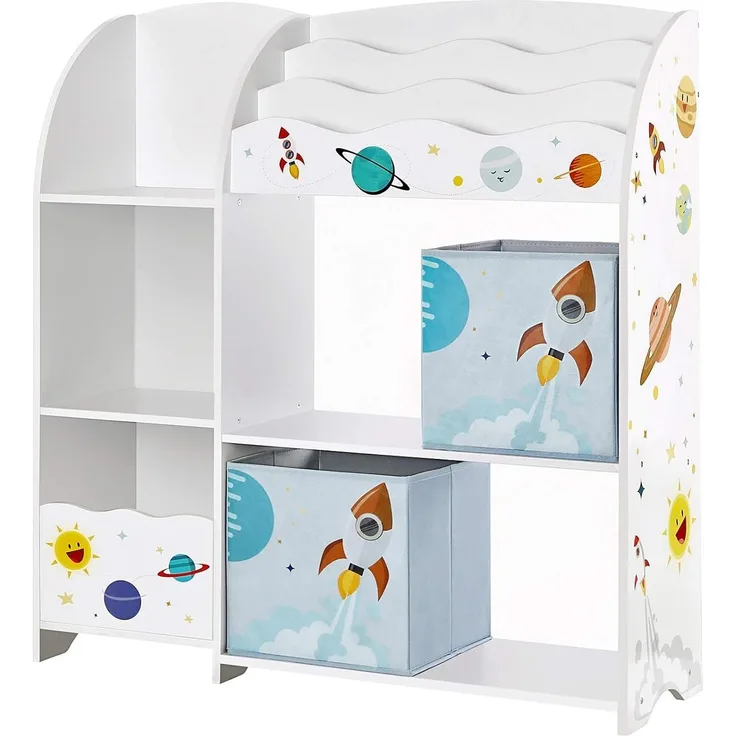 Songmics Kinderzimmerregal, multifunktionale Ablage mit 2 Aufbewahrungsboxen, Sticker mit Weltall-Motiven, weiß, 93 x 30 x 100 cm (LxBxH)