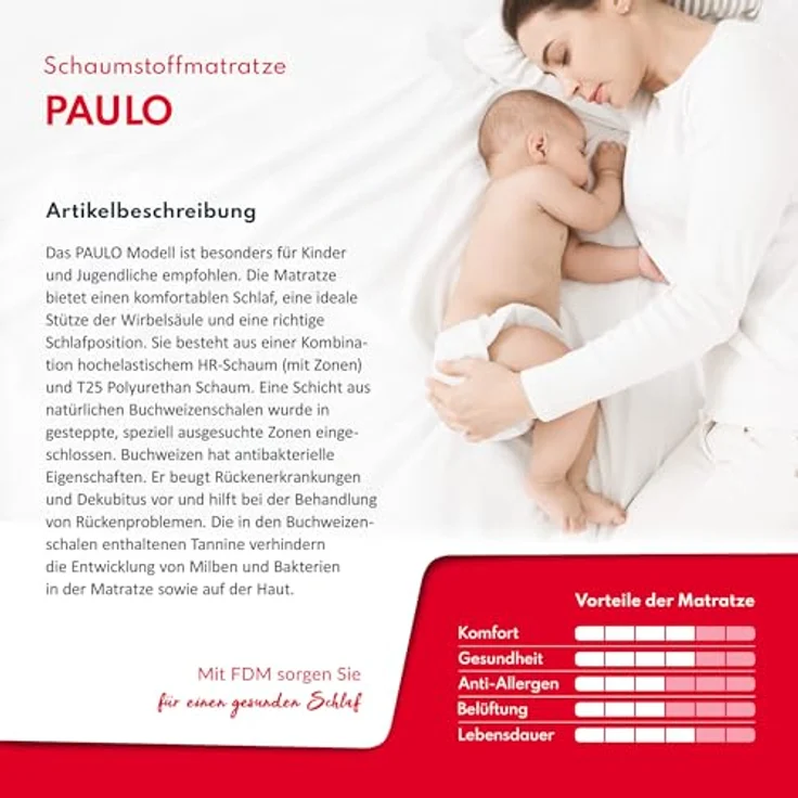 FDM 'Paulo' Kindermatratze, 120x200 cm, 9 Zonen Kaltschaum, Buchweizen, H3, Höhe 16 cm – Bild 3