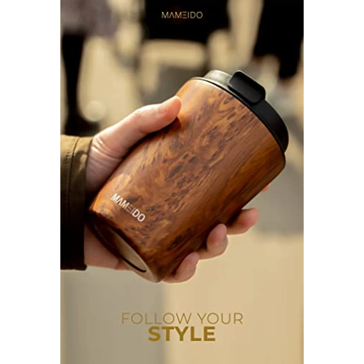 MAMEIDO Thermobecher Oak Wood 350ml - doppelwandig isoliert, auslaufsicher - warmhaltender Coffee to go Becher – Bild 3